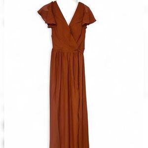 Flutter Sleeve Wrap Maxi Dress in Rust Brown size like M-L